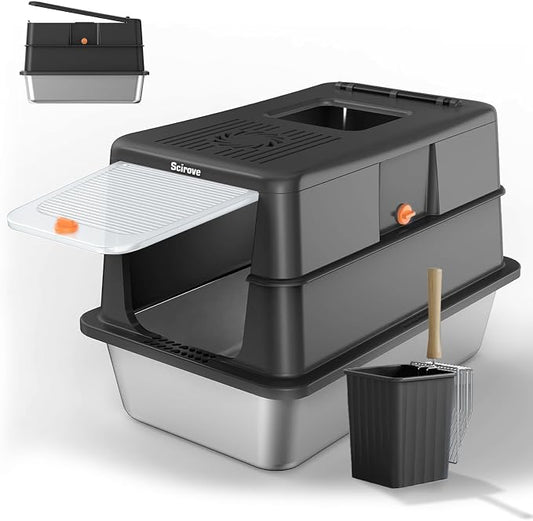 Stainless Steel Litter Box with Lid, Extra Large Litter Box Enclosed Top Entry Metal Litterbox for Big Cats Easy Cleaning Anti-Leakage & High Sided Black