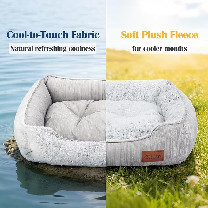 Dog Bed for Large Medium Dogs with Cool to Touch Fabric， Soft Calming Cat Beds for Indoor Cats， Reversible Square Pet Bed for Puppy, Machine Washable Non-Slip Bottom L