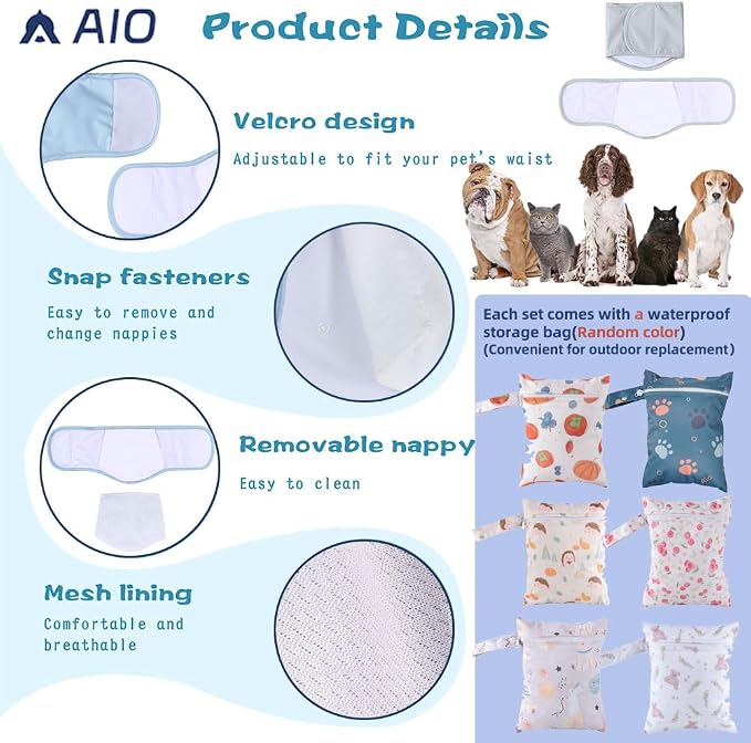 AIO Male Belly Bands for Dogs - Dog Diapers Male -Belly Bands for Male Dogs- High Absorbing Dog Wraps Washable - Reusable Large Doggy Doggie Puppy Dog Diapers