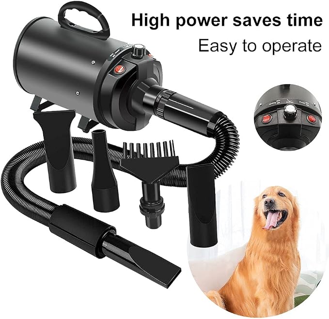 Dog Hair Dryer Quick Dry 2800W Noise Reduction Pet Hair Dryer Home Use Professional Stepless Adjustable Speed Spring Hose 4 Nozzles Dog Blow Dryer for Grooming with Heater