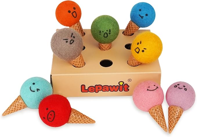Ice Cream Cone Cat Toys 9PCS Set, Felt Ball Cat Toys with Cute Expressions, Interactive Kitten Toys for Indoor Cats, Soft Bite & Chase Toys with Catnip, 1.4 Inch Balls with Storage Box