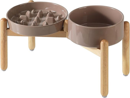 Havniva 8.2” Raised Slow Feeder Dog Bowls Set, 1.6 Cups Ceramic Slow Feeder Dog Bowl and 7.3” Dog Water Bowl with Elevated Wooden Stand Puzzle Dog Food Bowl for Medium Dogs Anti-Gulping & Anti-Choking