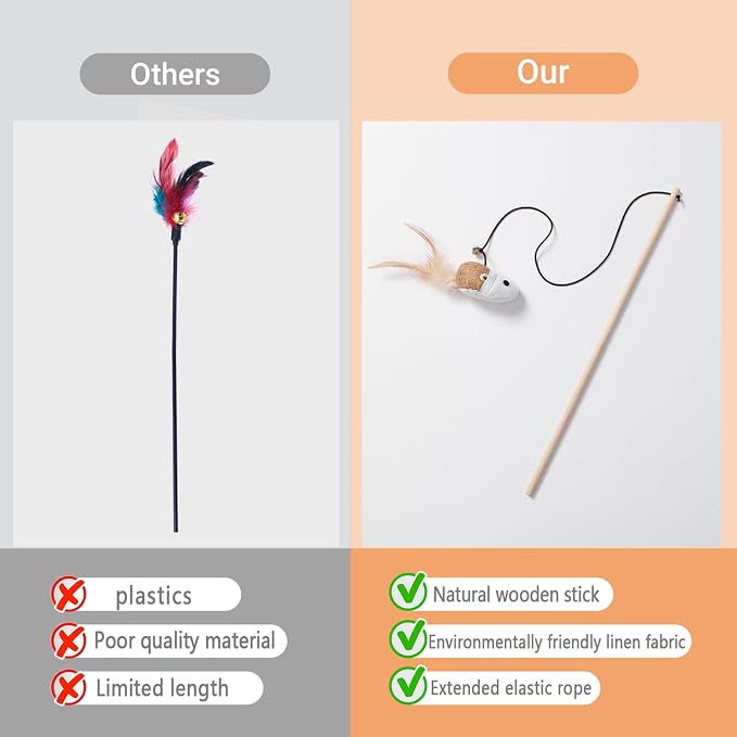 Cat Teaser Bouquet - 7 PCS Interactive Cat Toys on Wooden Handle with Feathers, Bells & Crinkle Mice | Gift Ready Kitty Play Set for Indoor Cats | 40 Inch Wand with Elastic String