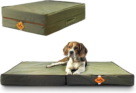 Laifug Foldable Waterproof Dog Bed for Large Dogs - Outdoor Orthopedic Dog Bed with Washable Removable Cover, Pet Mattress with Handles, Army Green, (36 x 27 x 3.5, inches)