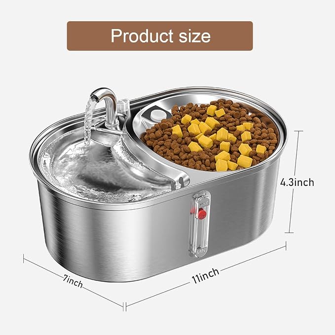 Dual Bowl Cat Water Fountain 3L/101oz,Stainless Steel Pet Drinking Fountain,2-in-1 Cat Bowls for Food-Wate(Water-Water),Ultra-Silent Automatic Dog Water Dispenser with Pump and 5 Filters