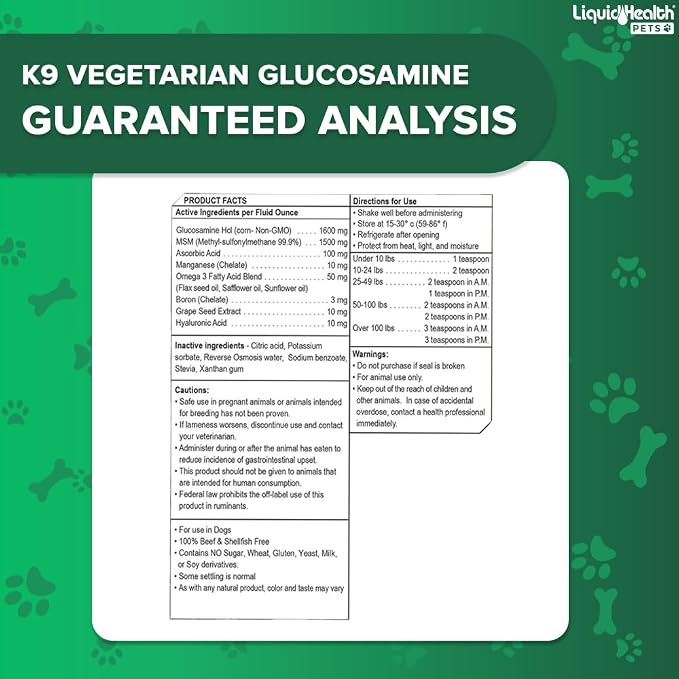 LIQUIDHEALTH Pets K9 Vegetarian Liquid Glucosamine Juice for All Dogs Canines with Chondroitin, MSM, Omega 3, Antioxidants, Hyaluronic Acid - Dog Vitamin Oil for Hip & Joint Health - USA Made (3 Pack)