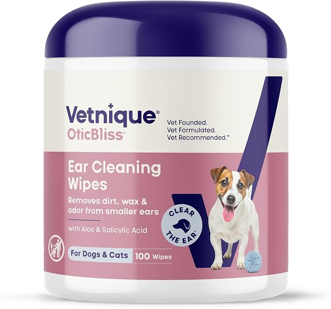 Vetnique Oticbliss Dog Ear Wipes, Cat & Dog Ear Cleaner & Deodorizing Wipes for Dogs, Cats, Puppies & Kittens, Vet Formulated to Remove Ear Wax, Dirt & Odor with Aloe for Itchy, Smelly Ears
