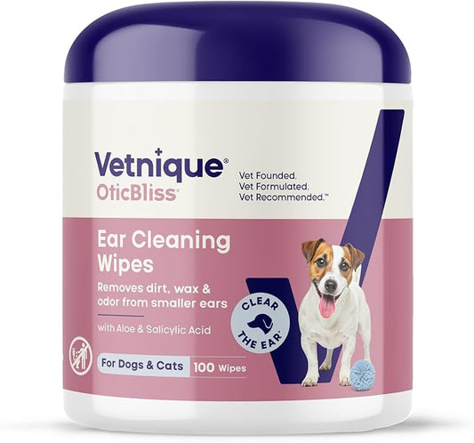 Vetnique Oticbliss Dog Ear Wipes, Cat & Dog Ear Cleaner & Deodorizing Wipes for Dogs, Cats, Puppies & Kittens, Vet Formulated to Remove Ear Wax, Dirt & Odor with Aloe for Itchy, Smelly Ears