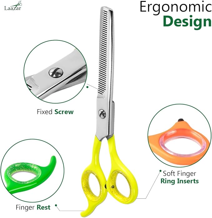 Laazar Dog Grooming Scissors Kit, Pet Grooming Scissors Set – Straight, Curved & Thinning Shears | Grooming Scissors for Dogs at Home | Safety Round Tips, Colorful Handles