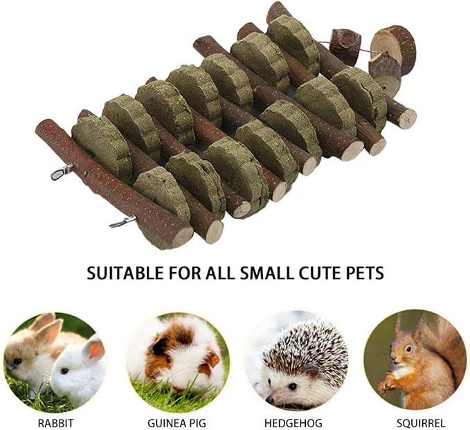 Hamiledyi Bunny Chew Toy for Teeth & Guinea Pig Natural Organic Fruitwood Sticks with Grass Cake & 6 Pcs Rabbit Cage Mats Plastic, 7.8 x 11.8 inches