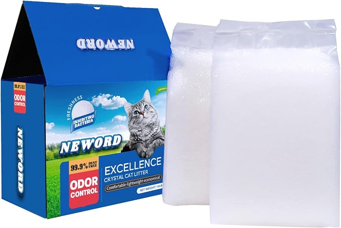 NEWORD Non-Clumping Crystals Cat Litter, Superior Odor Control Silica Gel Litter, Low Tracking & Dust-Free, Soft-On-Paws, Unscented, 14 lbs (2 Packs of 7lb Bags)