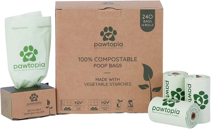 Pawtria Certified Home Compostable Dog Poop Bags (240) + Paper Dispenser, Poop Bags for Dogs, Cat Litter, Vegetable Starches, Dog Waste Bags, Leakproof, Easy to Open, Give Back