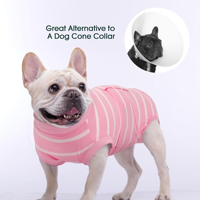 Kuoser Dog Surgery Recovery Suit, Soft Breathable Dog Recovery Suit for Female Spay Male Nueuter, Anti Licking Puppy Onesie Pet Surgical Suit for Dogs Abdominal Wounds Skin Disease, Pink Strips S
