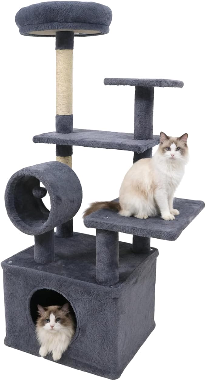 Tangkula Cat Tree Tower, 48 Inch Multi-Level Cat Tower with Large Condo, Sisal Scratching Post, Padded Top Perch, Tunnel, Hanging Ball, 3 Jumping Platforms for Indoor Cats (Dark Gray)