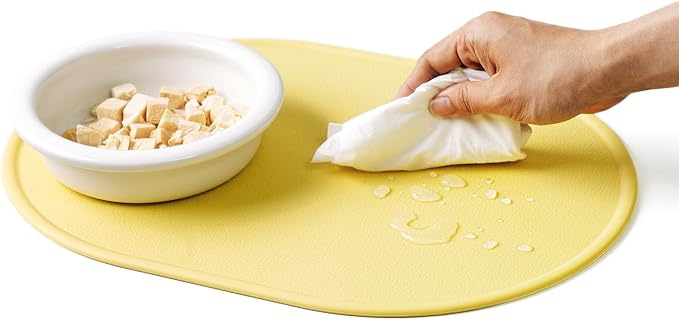 Dog & Cat Feeding Mat, 15.7 x 11.4 in (40x29cm), Thick Premium Platinum Silicone (Leather-Textured Surface), Raised Edges (High Rim), Waterproof, Non-Slip, Made in Korea (Cheese Yellow)