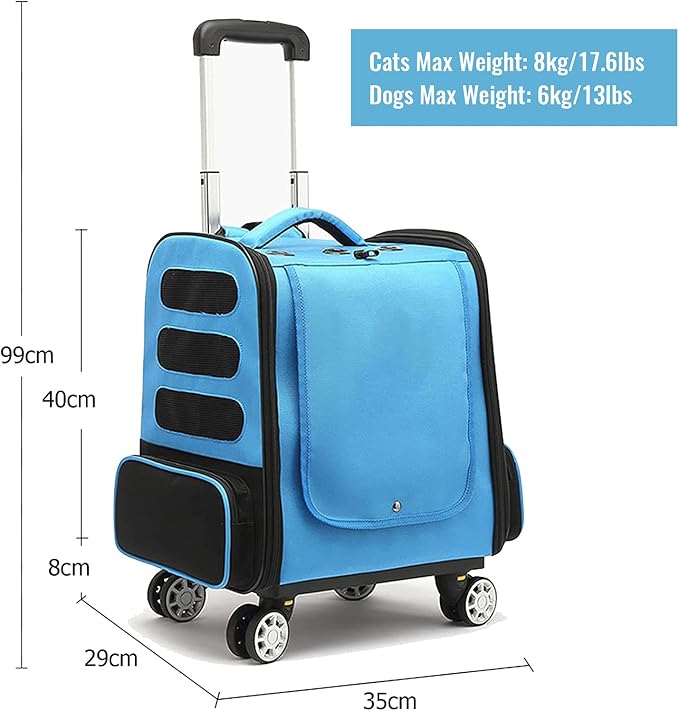 Pet Trolley Backpack,Cat Carrier with Wheels,Dog Rucksack Bag Pet Stroller,Multi-Function Rolling Carrier with Adjustable Height, Cats,Puppies Travel Bag Luggage Box with Telescopic Handle