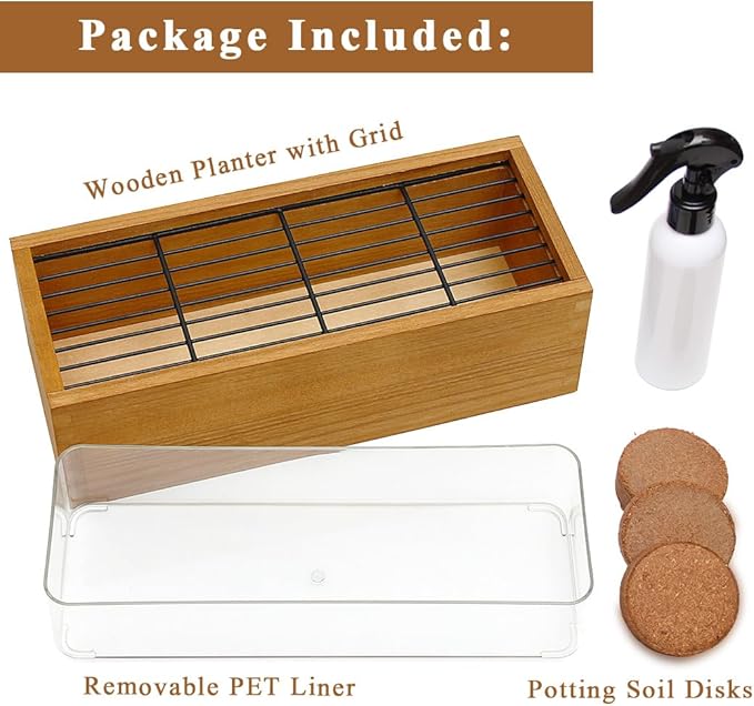 Wooden Cat Grass Planter (no Seeds Included) Anti Digging Design | with Potting Soil Disks, Anti-Digging Grid and Removable Plastic Liner, Wheat Grass Growing Pot for Indoor Cats Rabbits Pets
