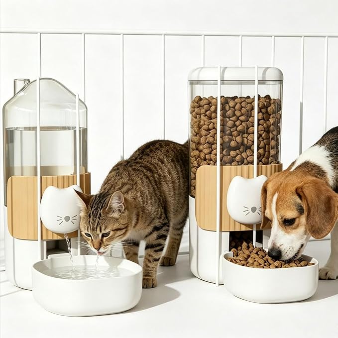 Hanging Automatic Cat Feeder and Water Dispenser Set, Gravity Pet Food & Water Bowl for Wire Cage, No-Spill Pet Feeding Station for Small Dogs Rabbits (Milk Coffee)