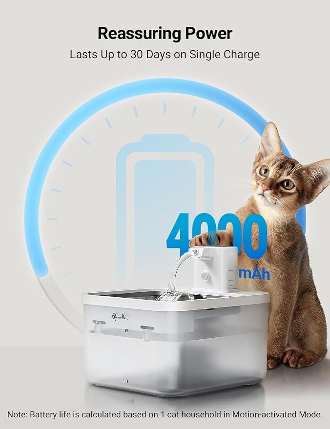 DownyPaws White Stainless Steel Cat Water Fountain Battery Operated Wireless with 6pcs Filter Replacement for 3 Months