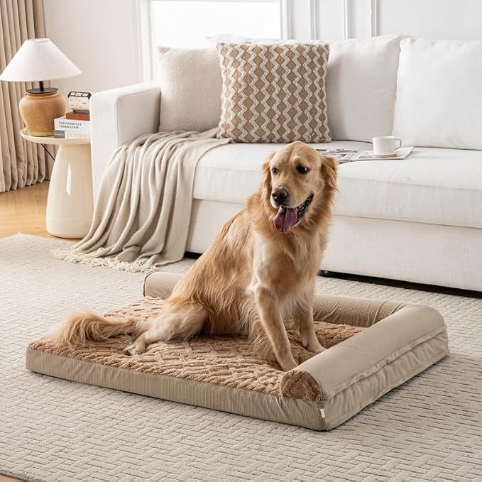 Dog Bed, L-Shaped Plush Sofa with Bolster, Memory Foam Pet Bed, Machine Washable Cover, for All Dog and cat Breeds (Brown, 48" x 35" x 6.5")