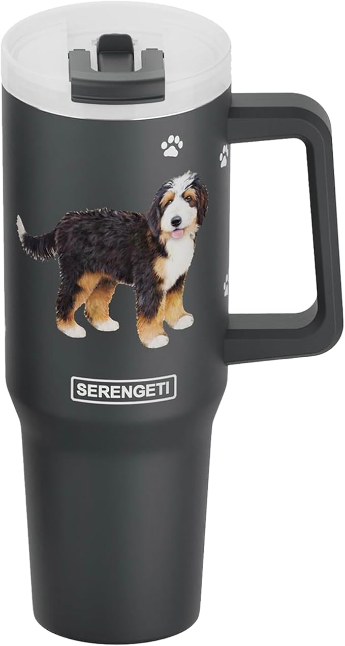 SERENGETI 40 Oz Ultimate Tumbler with Handle and Straw - Vacuum Insulated Tumbler with Straw and Lid - Stainless Steel Travel Mug for Pet Lovers - 3D Designs of your favorite Dog (Bernadoodle)