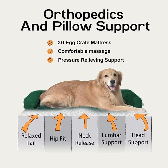 Large Dog Bed Orthopedic Washable - Waterproof Removable Cover - Medium XLarge Big Dogs - Egg Foam Couch - Emerald Dog Beds Bolster with Sides