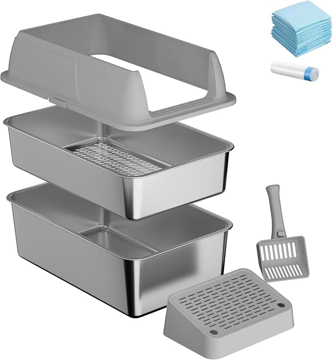 Gimars Stainless Steel Sifting Litter Box with lid-Light Gray