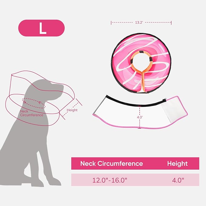 Supet Raised Inflatable Dog Cone After Surgery - Adjustable Recovery Donut Collar with Removable Shield to Stop Licking Wounds & Protect Stitches - Soft Dog Cone Alternative for Large Dogs (Pink,L)