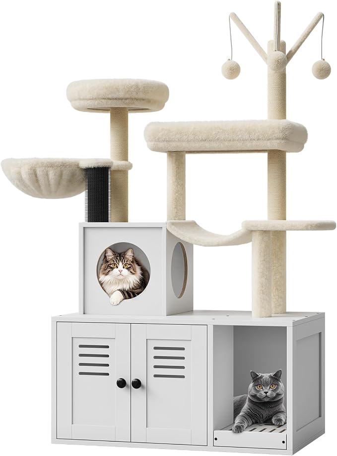 Garvee 55-Inch Litter Box Enclosure with Cat Tree, 2-in-1 Modern Large Cat Tower for Indoor Cats with Condo/Hammock/Scratching Post/Plush Perch/Caves, Wooden Hidden Litter Box Furniture, White