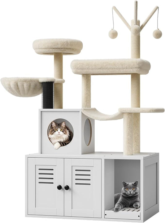 Garvee 55-Inch Litter Box Enclosure with Cat Tree, 2-in-1 Modern Large Cat Tower for Indoor Cats with Condo/Hammock/Scratching Post/Plush Perch/Caves, Wooden Hidden Litter Box Furniture, White