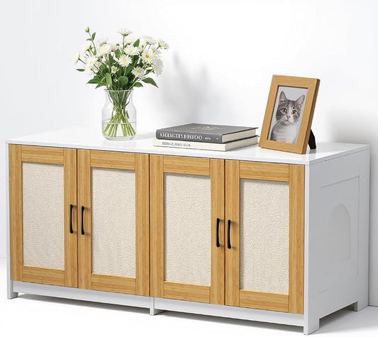 Double Room Litter Box Enclosure, 47 Inch 2 Cats Hidden Litter Box Furniture with Sisal Doors and Sliding Bottom Drawers, Wood Indoor Cat Cabinet TV Stand White