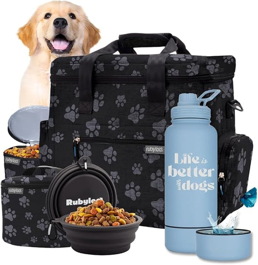 Rubyloo Original Doggy Bag (Paw Print) & 32oz Insulated Water Bottle with Attached 8oz Bowl (Life is Better with Dogs) – Dog Travel Bag & Hydration Set