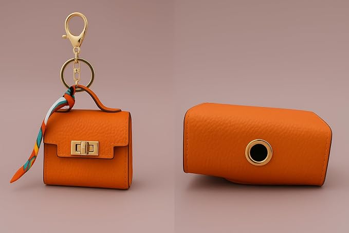 Luxury Designer Dog Poop Bag Holder Case – Barkin Pet Waste Bag Dispenser Pouch with Gold Hardware, Portable Dog Walking Accessory with Keychain Clip for Doggie Leash & Travel (Orange)
