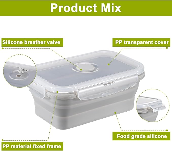 Mifoci Set of 8 Silicone Collapsible Bowls for Camping with Vent Lid Silicone Storage Containers for Food Meal Preparation Square Bowl Microwave Freezer Dishwasher Safe(Gray,17 Oz/ 500 ml)