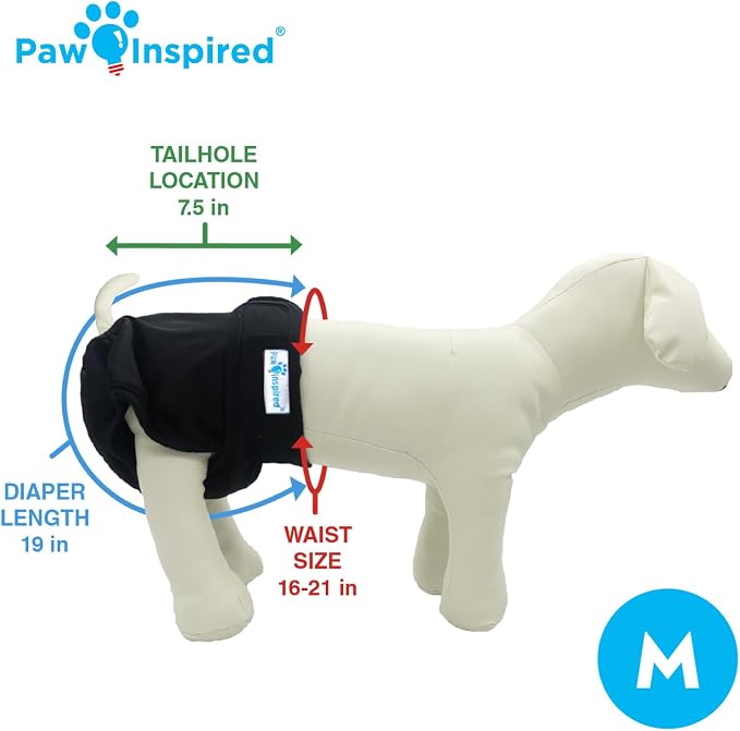 Paw Inspired Washable Dog Diapers (3 Pack) | Reusable Cloth Doggy Diapers for Female Small, Medium, Large Size Dogs (Black with Black Lining, Size Medium)