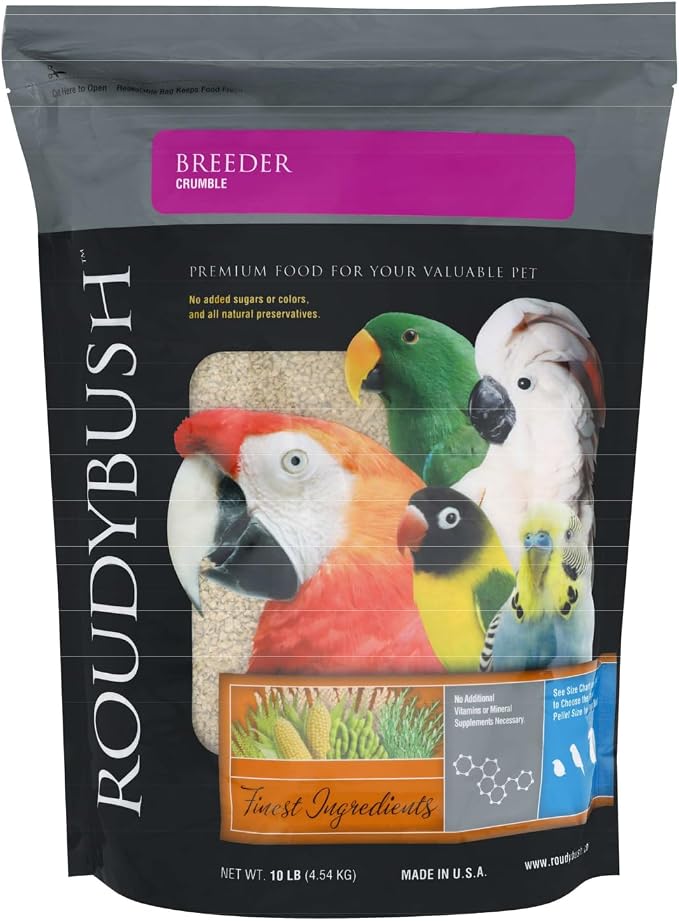 RoudyBush Breeder Food for Breeding & Weaning Birds, Pelleted Diet Made with Corn, Wheat & Soy, Daily Food for Small & Medium Parrots, Crumble Pellet, 10 LB