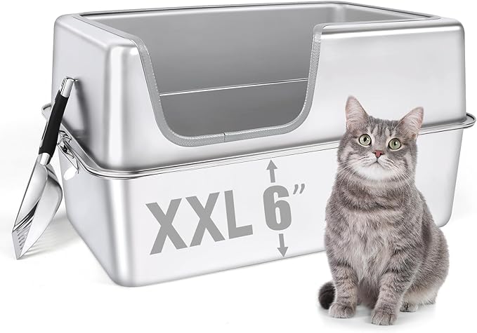 Stainless Steel Cat Litter Box, 23.6" L x 15.7" W x 11.8" H XXL Extra Large Semi Enclosed Removable Metal Litter Tray with High Sided Enclosure, Scoop, Non-Sticky, Easy Cleaning