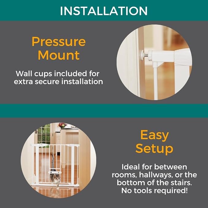 MYPET EasyPass Wide Walk Thru Pet Gate for Dogs and Cats: 29.75-37.5" Wide with Adjustable Pass-Thru Pet Door, Pressure Mounted, No Tools Needed, 30" Tall, White Metal