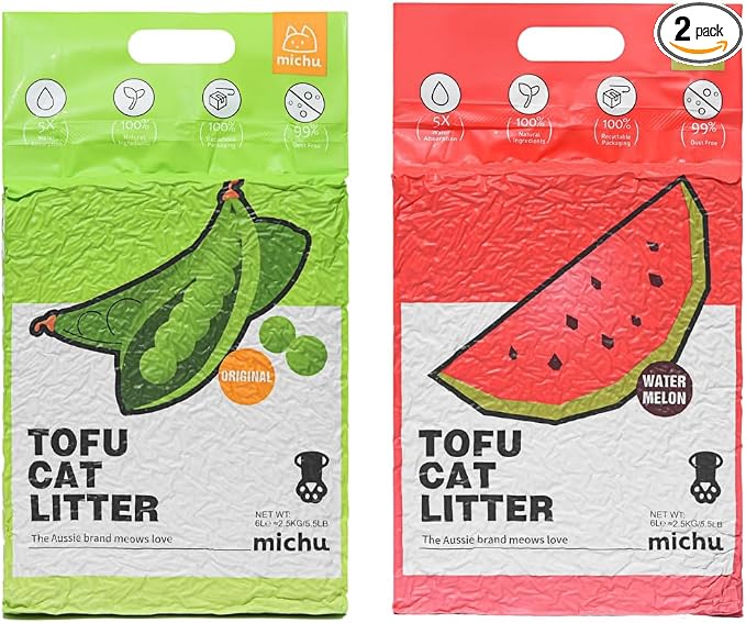 Michu Tofu Cat Litter Natural Clumping Tofu Cat Litter, Fast Clumping and Easily Scoop-able 5.5lb/88oz 5 Scents - Original + Watermelon, 2 Pack