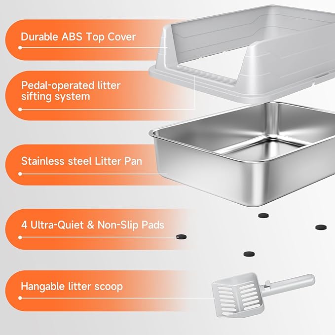 Stainless Steel Cat Litter Box for Small Cats, Odor Free Metal Litter Box with High Sides Lid, Open Top Low Entry Litter Pan Include Scoop Easy Cleaning Kitty Cat Box Anti-Urine Leakage, Non-Sticky