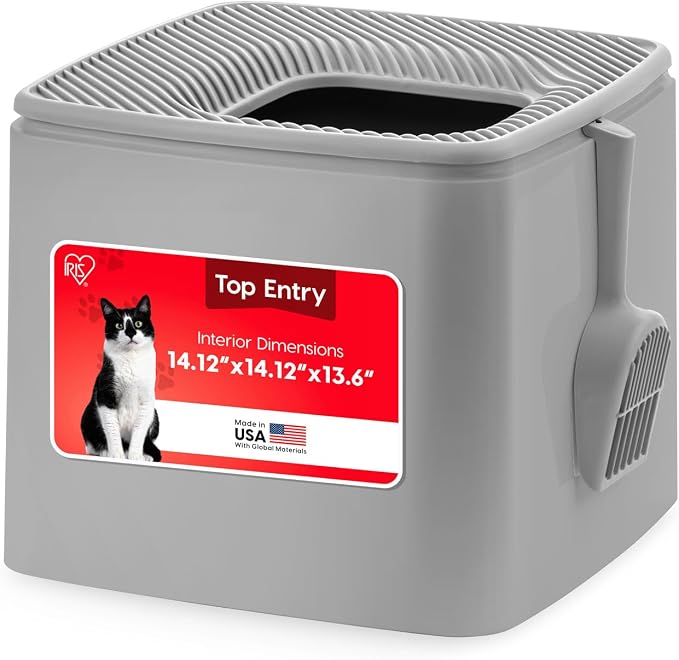 IRIS USA Cat Litter Box Top Entry with Scoop, Covered Dog Proof Litter Box Design, Enclosed Square Style Litterbox with Odor Control, Easy to Clean for Cats, Gray