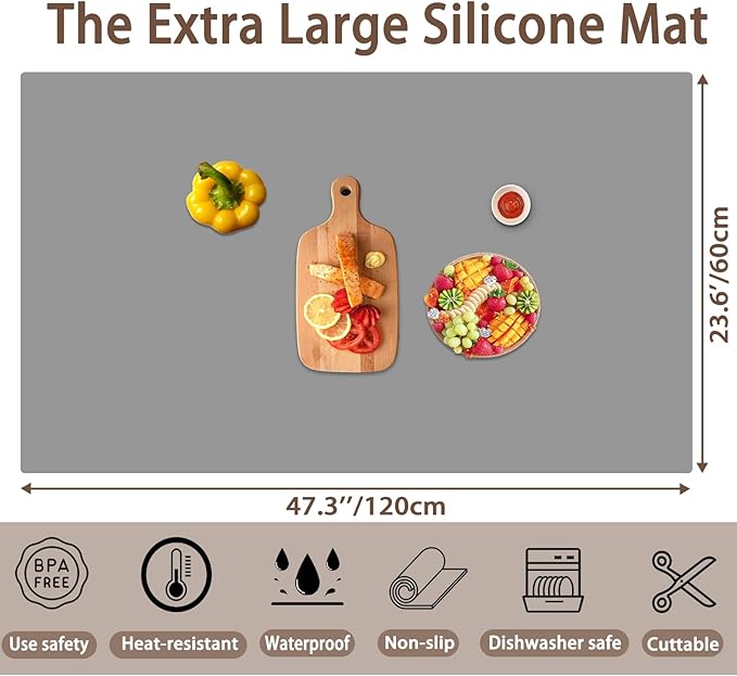 47.3''x23.6''(120cmx60cm) Extra Large Silicone Mat for Kitchen Counter 1.4MM Thick Non-Slip Heat Resistant Countertop Protector, Waterproof Durable Kitchen Mat for Countertop(Semitransparent)