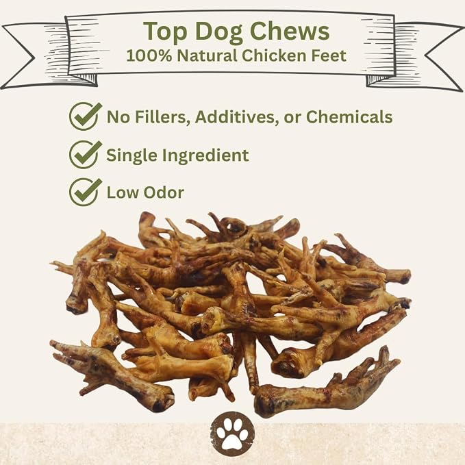 Top Dog Chews Dehydrated Chicken Feet for Dogs (25) – All Natural, Single Ingredient Dog Treats – Nail Free, Easily Digestible, Protein Rich, Low in Calories, Supports Joint Health