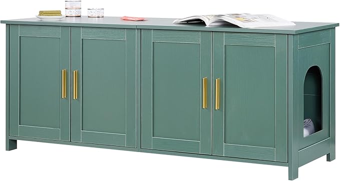 VEVOR Cat Litter Box Enclosure for Multi Cats, 47.2 in Hidden Litter Box Cabinet with 4 Doors & 2 Entries, Indoor Cat Washroom, Wooden Kitty House Furniture Side Table, Fit Most Litterboxes, Green