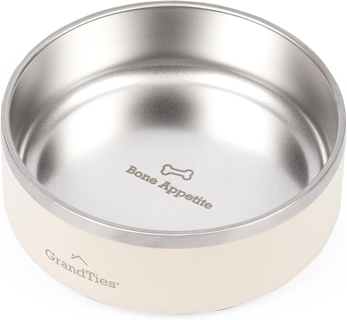 GrandTies Stainless Steel Engraved Pet Bowl | Reusable BPA-Free Insulated Pet Bowls | Large Heavy Duty Non Skid Spill Proof Dog Bowl | Outdoor Dog Water Bowl (24oz, Ivory White)