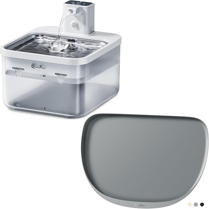 DownyPaws 2.5L Battery Operated Cat Water Fountain Stainless Steel White and Pet Feeding Mat with High Raised Edge, Cat Placemat for Messy Drinkers, 18"×12.5", Light Gray