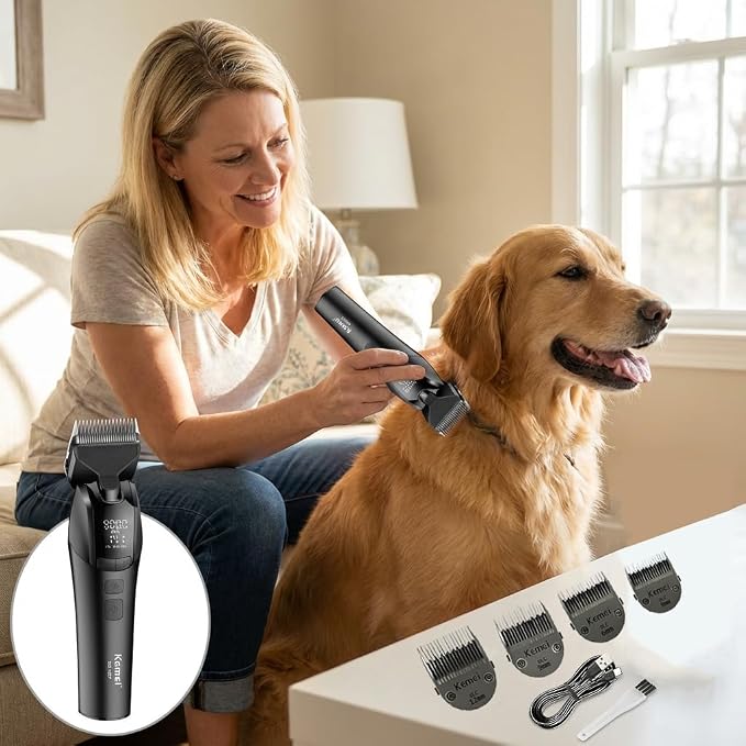 KEMEI-1857 Dog Grooming Clippers & Cat Grooming Kit, Professional Cordless Trimmer with LED Display, 4 Adjustable Guide Combs (3/6/9/12mm), USB Rechargeable, Low Noise for Home Pet Grooming