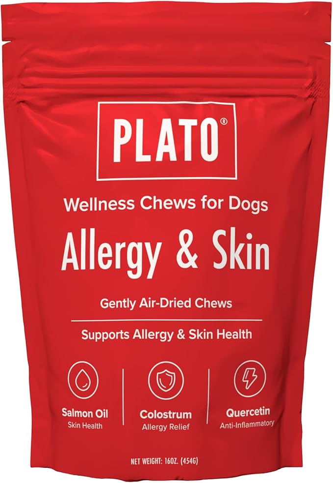 PLATO Pet Treats Air-Dried Wellness Chews for Dogs – Functional Dog Chews – Supports Skin Health & Allergy Relief – Salmon Oil, Colostrum & Quercetin Recipe 16oz