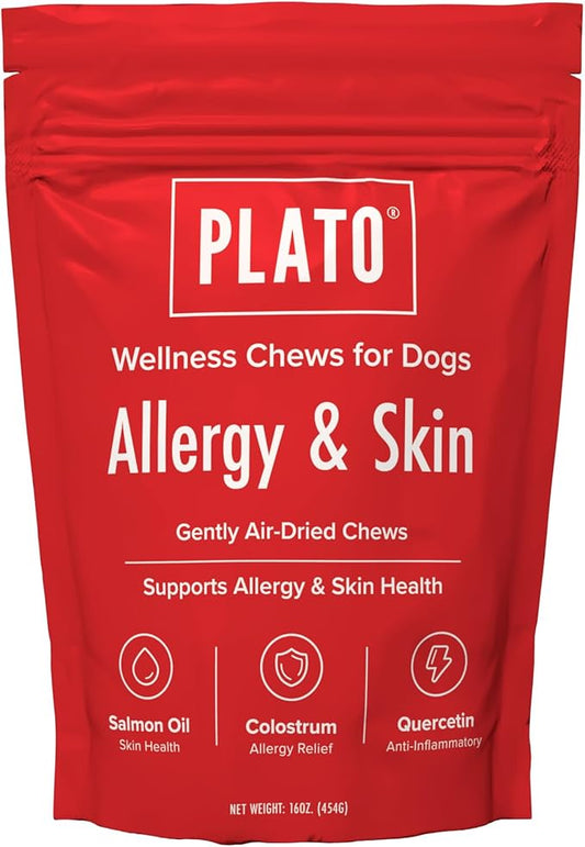 PLATO Pet Treats Air-Dried Wellness Chews for Dogs – Functional Dog Chews – Supports Skin Health & Allergy Relief – Salmon Oil, Colostrum & Quercetin Recipe 16oz
