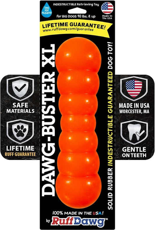 Ruff Dawg Indestructible Dawg-Buster XL Orange – Heavy-Duty Solid Rubber Dog Chew Stick for Dogs Under 40 lbs – Floats & Bounces – Made in USA